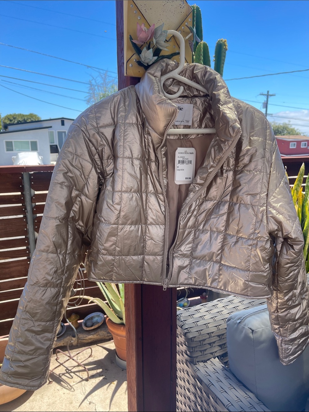 Metallic Taupe Quilted Crop Puffer Jacket